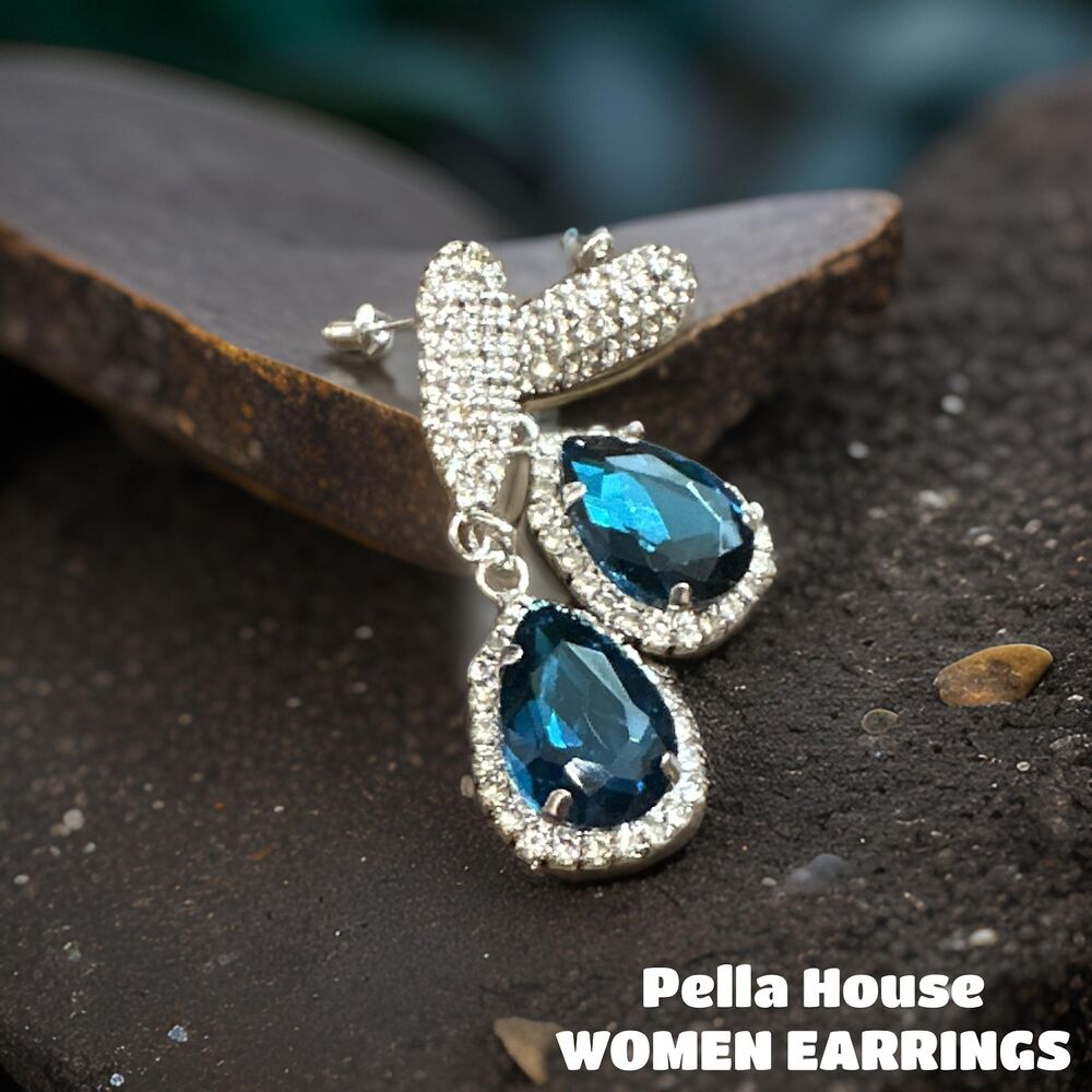 Silver Tone Gatsby Flapper Peacock Zircon Rhinestone Pear Earrings AQUA BLUE